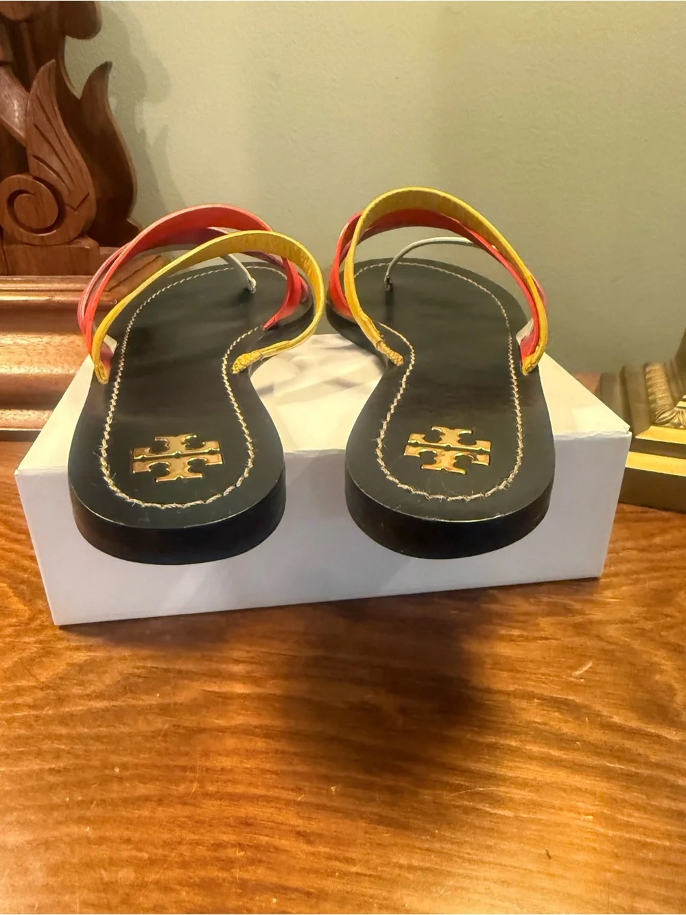 Tory Burch Patos Black Leather Slide Sandals Yellow Red Pink White Strap Size 9